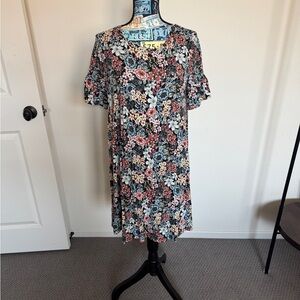 LOFT Floral Black and Pink Mini Dress